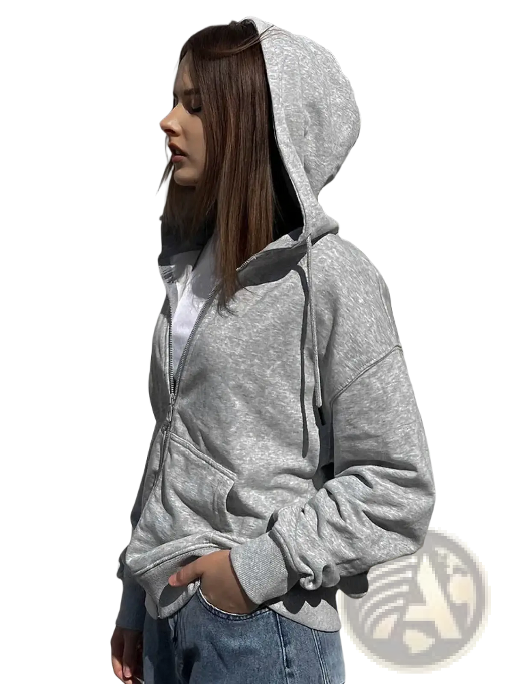 Women oversized gray cotton zip up hoodie with heathered fabric drawstring hood and front pockets