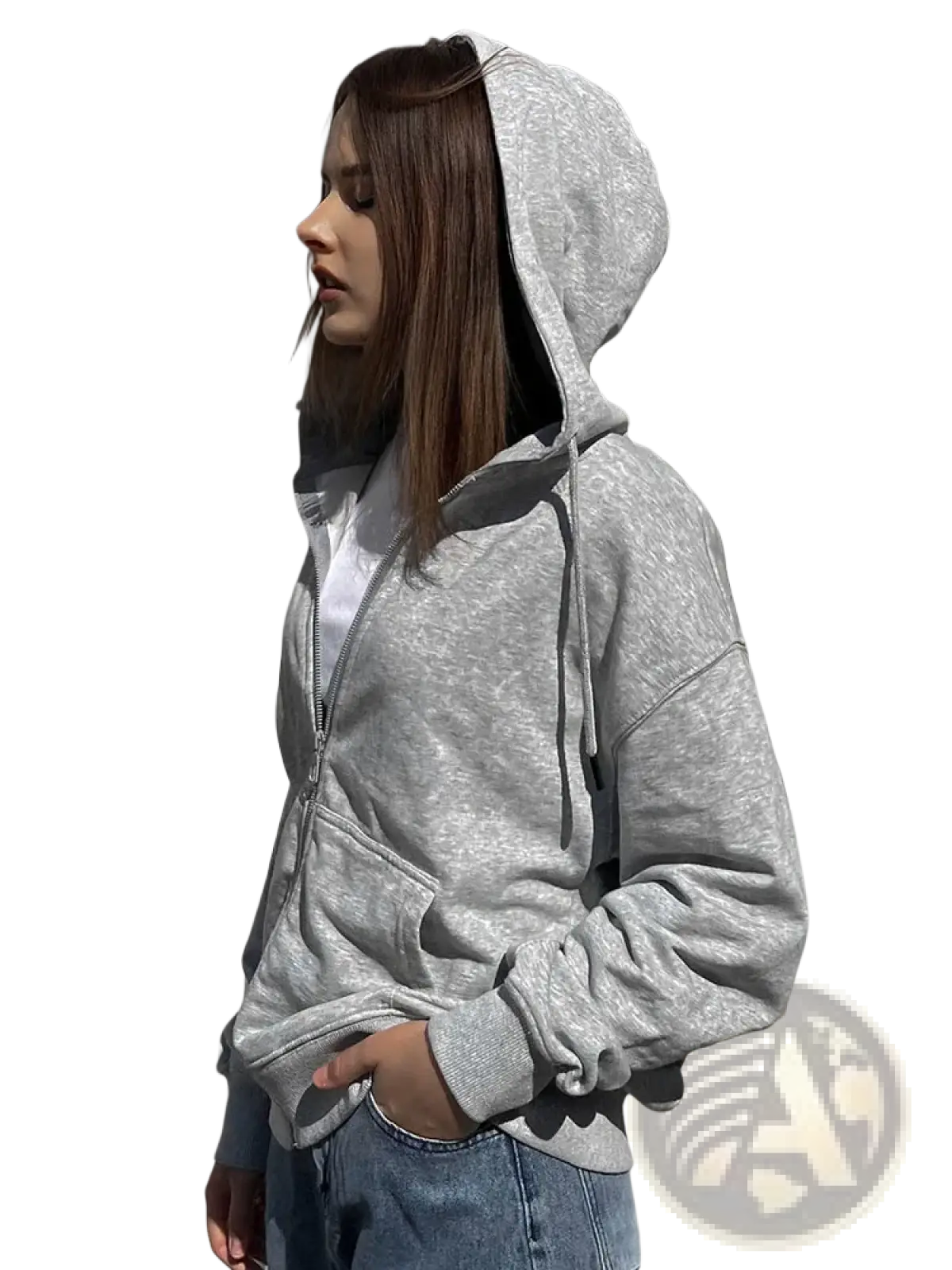 Women oversized gray cotton zip up hoodie with heathered fabric drawstring hood and front pockets