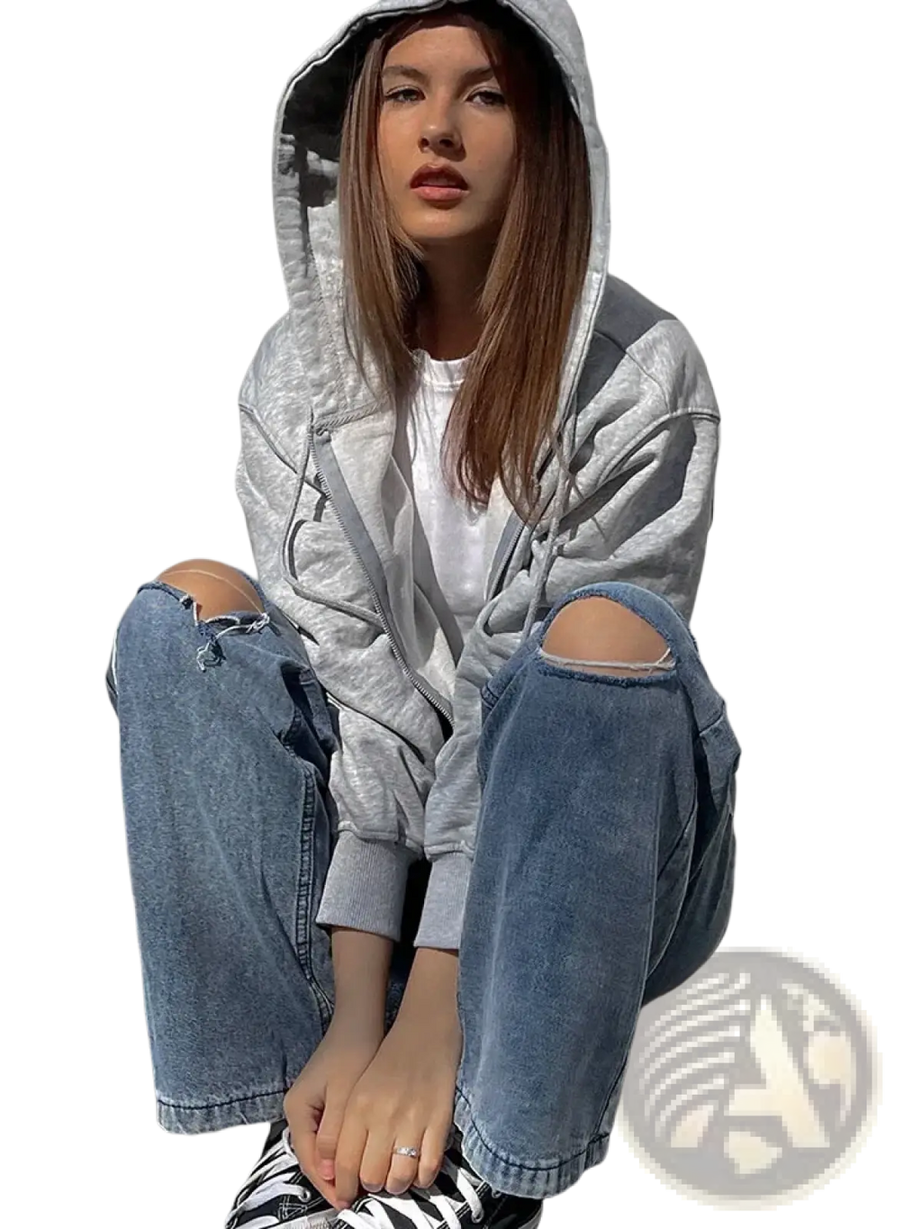 Women oversized zip up hoodie cotton gray jacket with textured slightly faded finish and ribbed cuffs