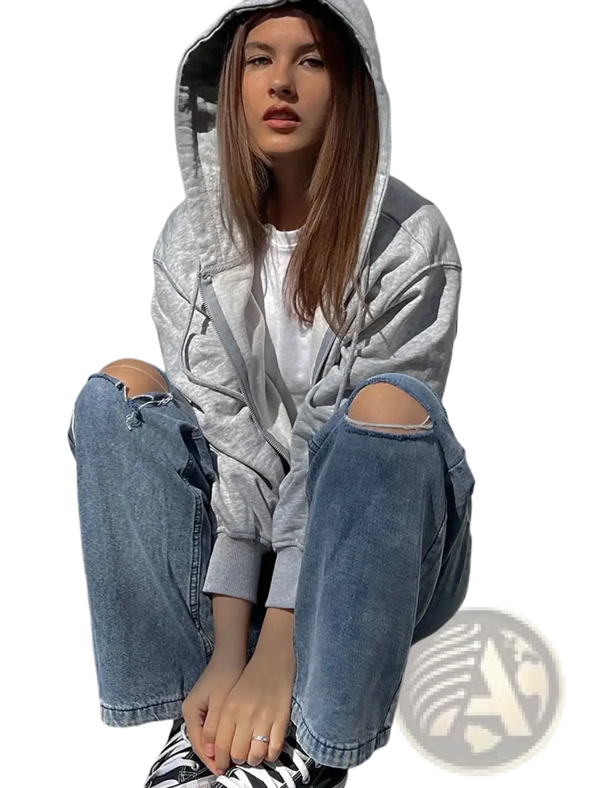 Women oversized zip up hoodie cotton gray jacket with textured slightly faded finish and ribbed cuffs