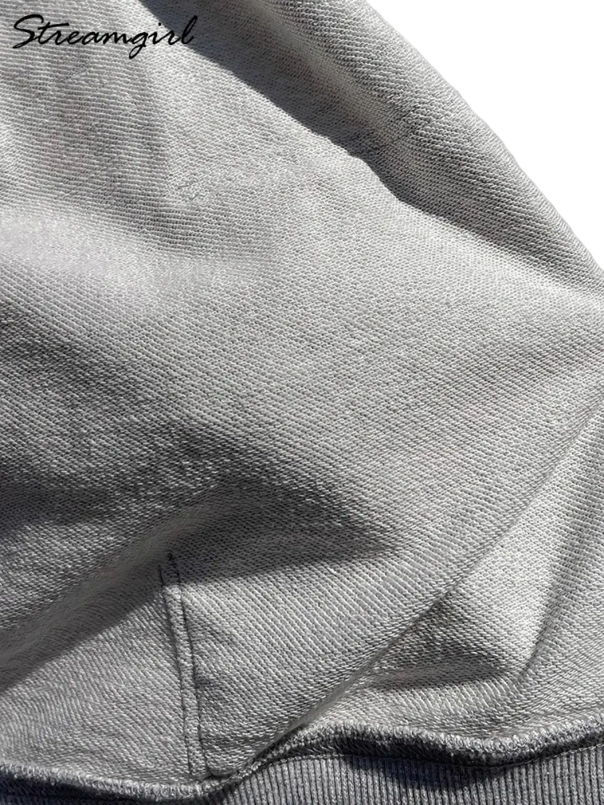Light gray cotton women oversized zip up hoodie jacket with textured fabric and subtle diagonal weave pattern