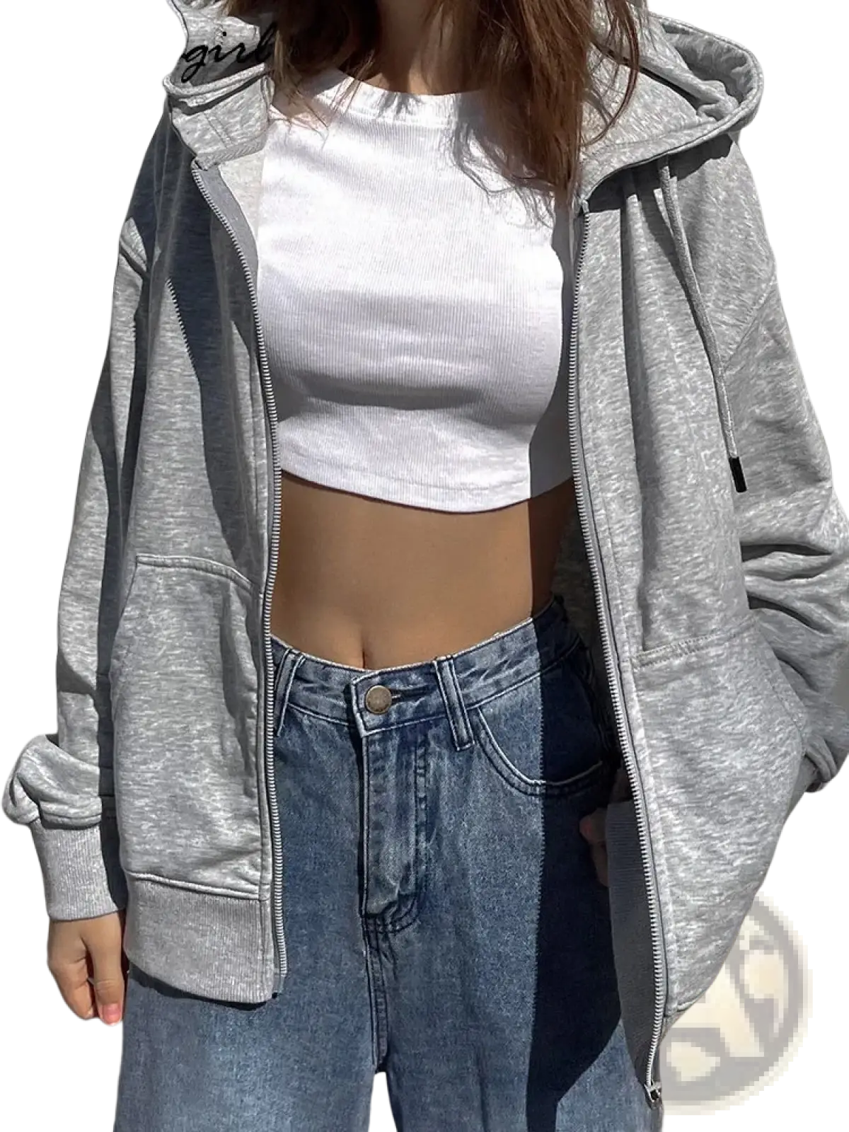 Women oversized zip up hoodie cotton gray marled with hood and front pockets for casual wear