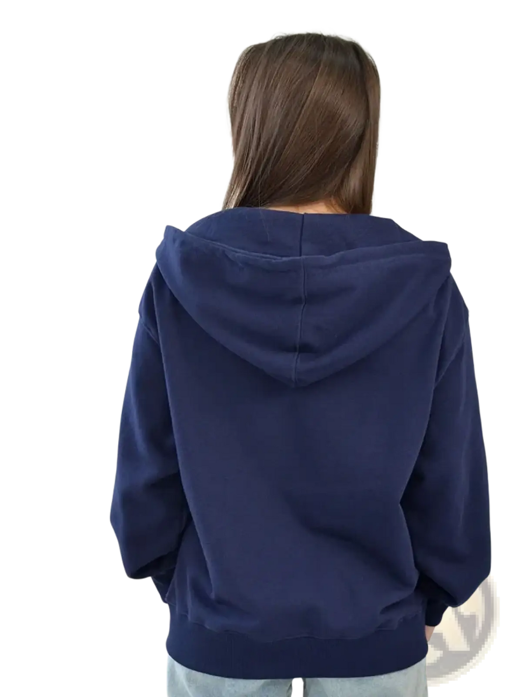 Navy blue oversized zip up hoodie for women made of soft cotton with ribbed cuffs and hem in a relaxed fit
