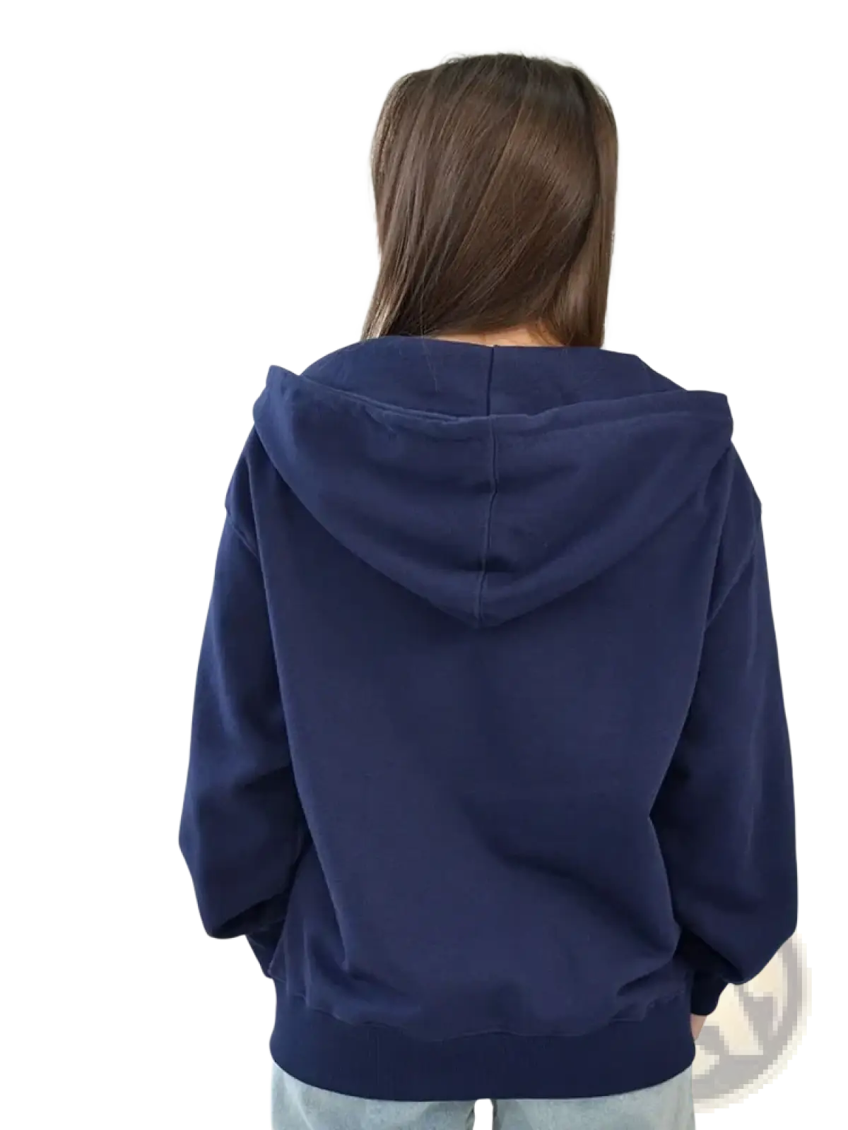 Navy blue oversized zip up hoodie for women made of soft cotton with ribbed cuffs and hem in a relaxed fit
