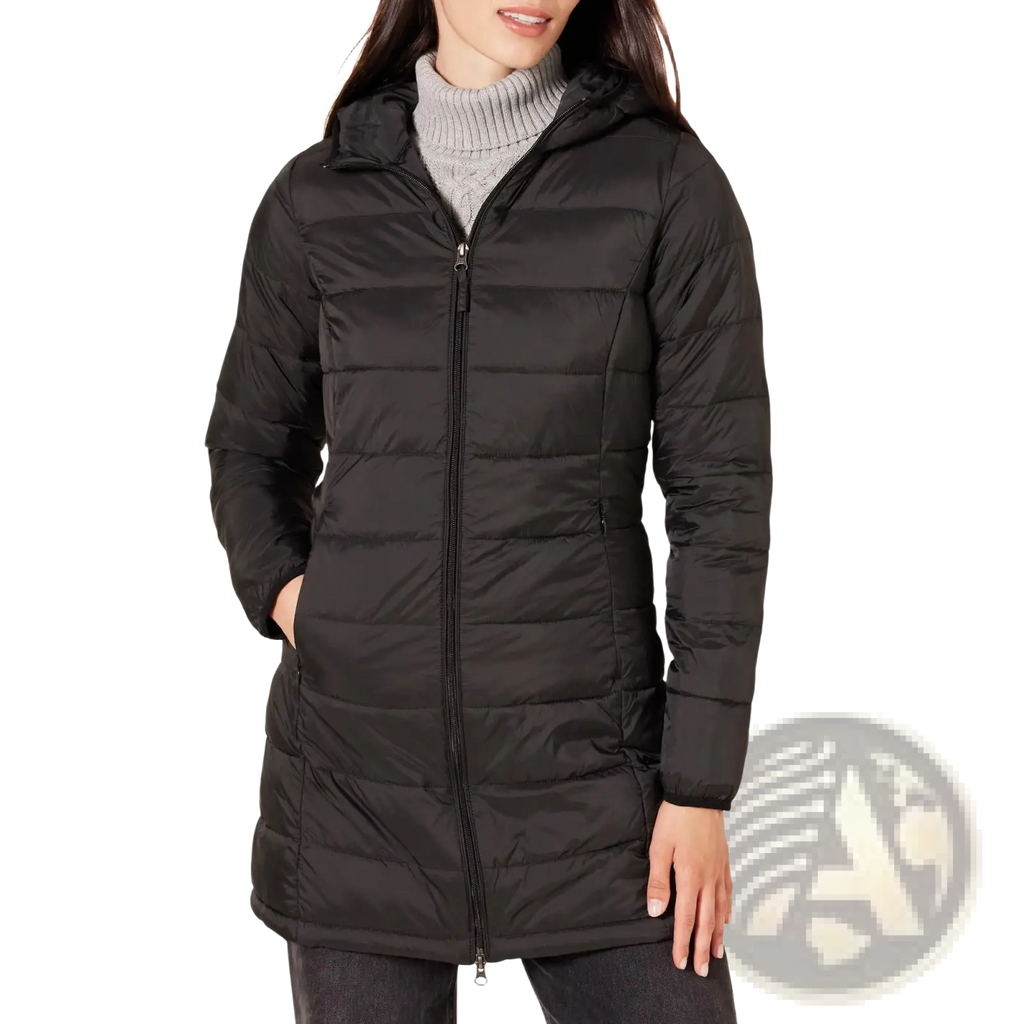 Black quilted puffer coat with hood and front zipper shown as a women packable puffer coat in olive green product image