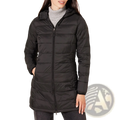 Black quilted puffer coat with hood and front zipper shown as a women packable puffer coat in olive green product image
