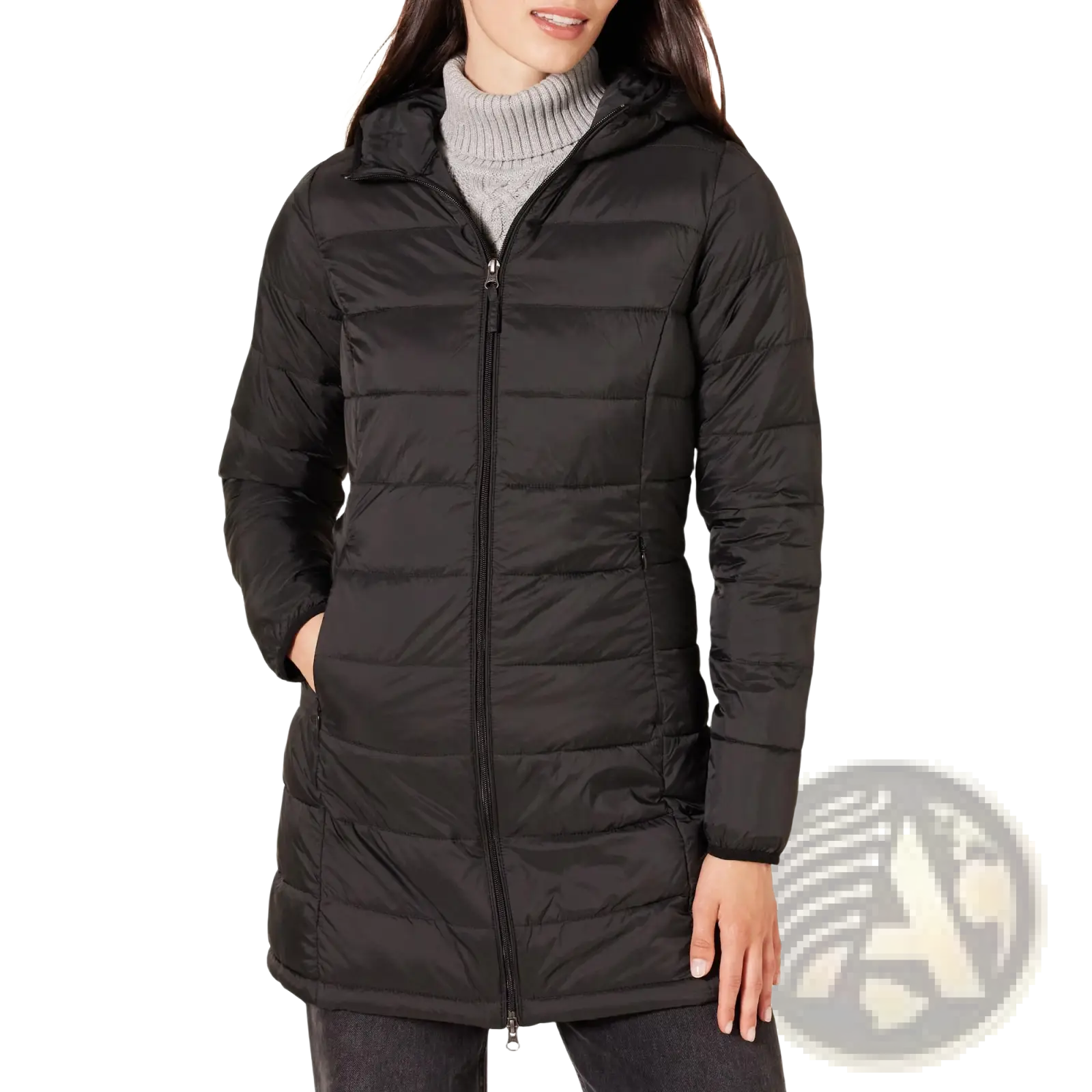 Black quilted puffer coat with hood and front zipper shown as a women packable puffer coat in olive green product image