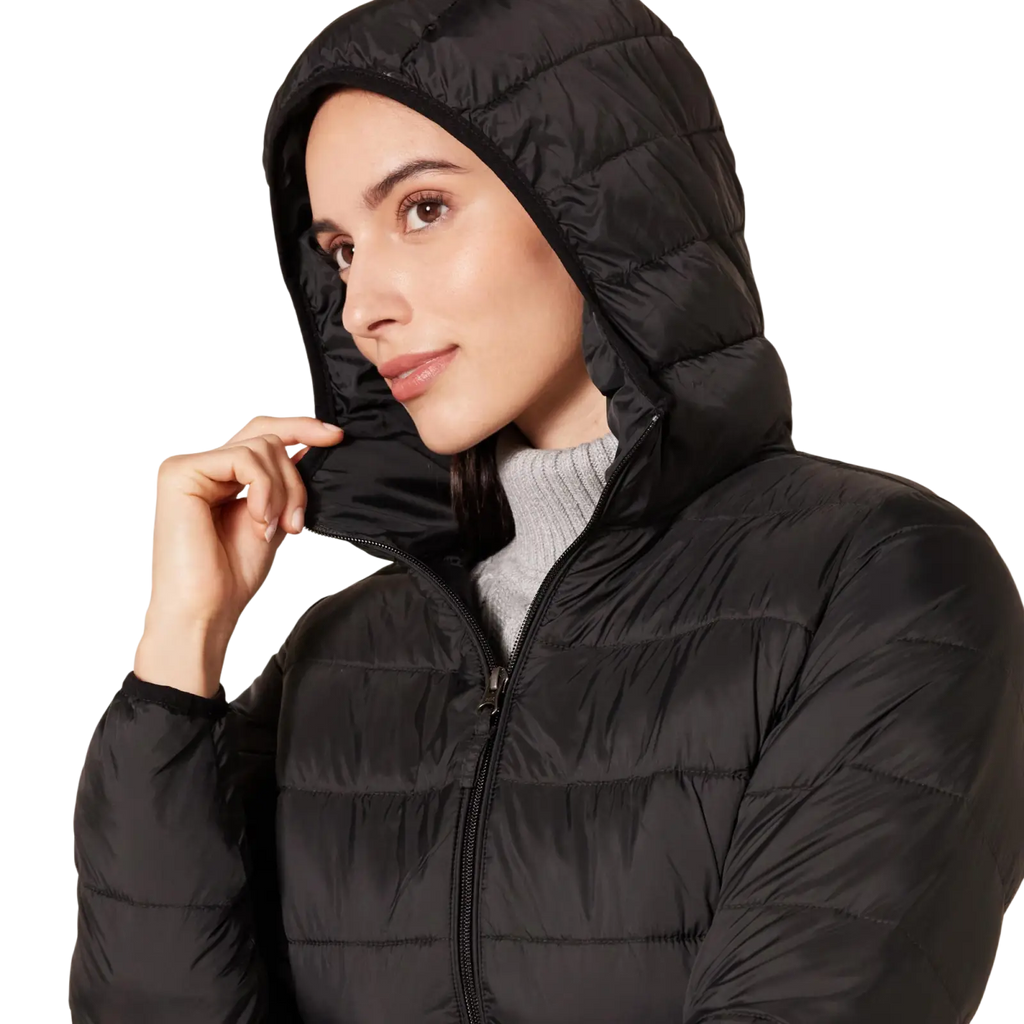 Black quilted puffer jacket with hood shown from the back in a women packable puffer coat olive green product listing