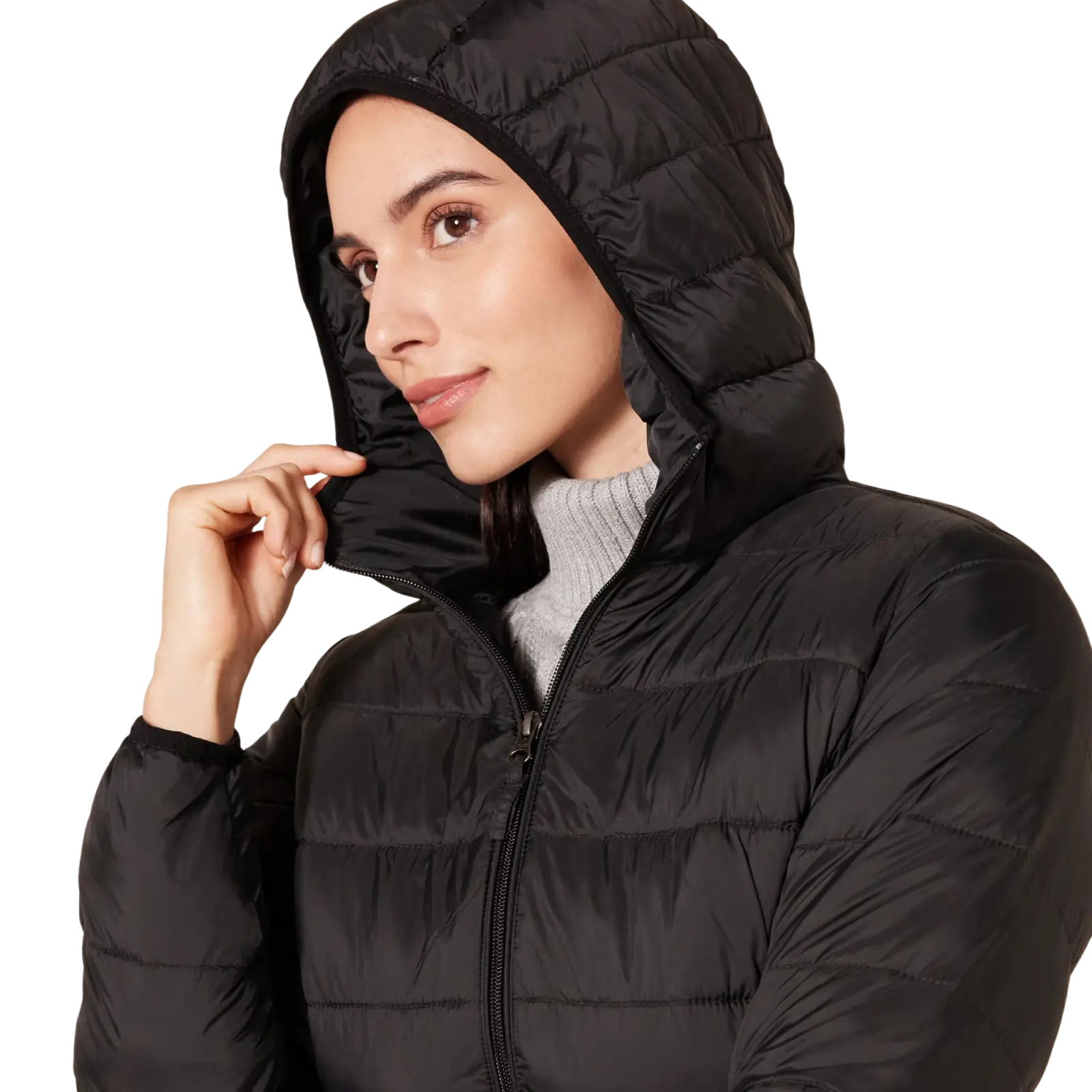 Black quilted puffer jacket with hood shown from the back in a women packable puffer coat olive green product listing