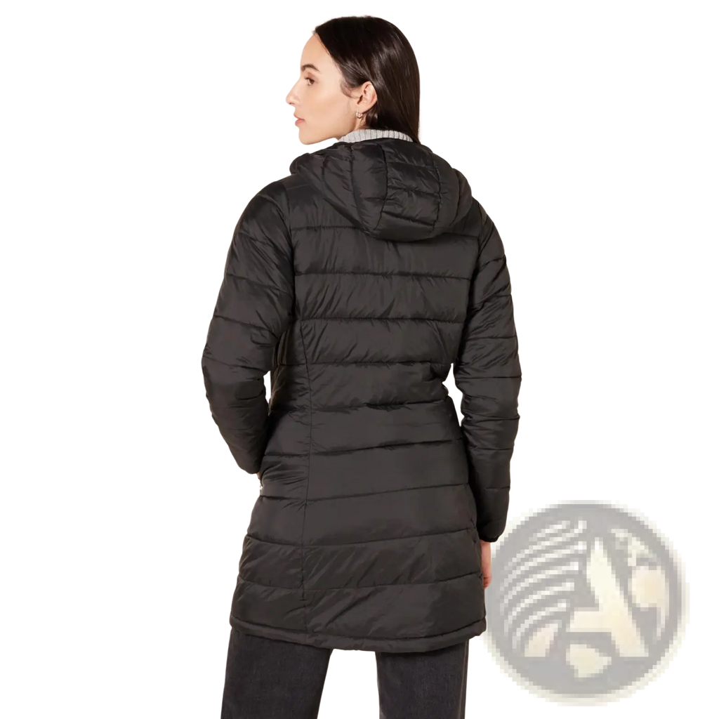 Black quilted hooded puffer coat for women featuring packable design and warm insulated material
