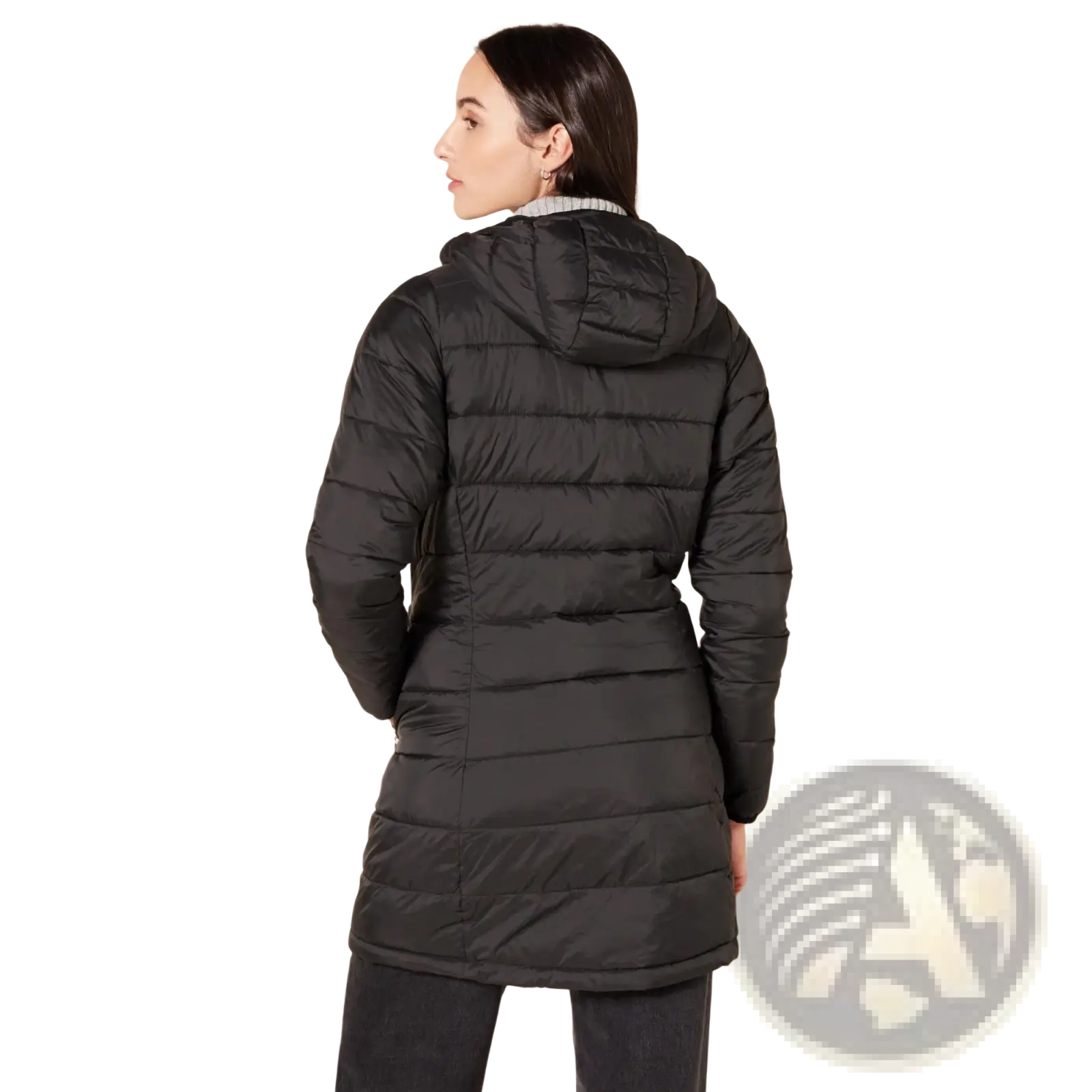 Black quilted hooded puffer coat for women featuring packable design and warm insulated material