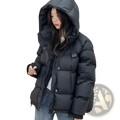 Women padded winter puffer jacket in black with quilted design hood and silver-toned buttons for cold weather