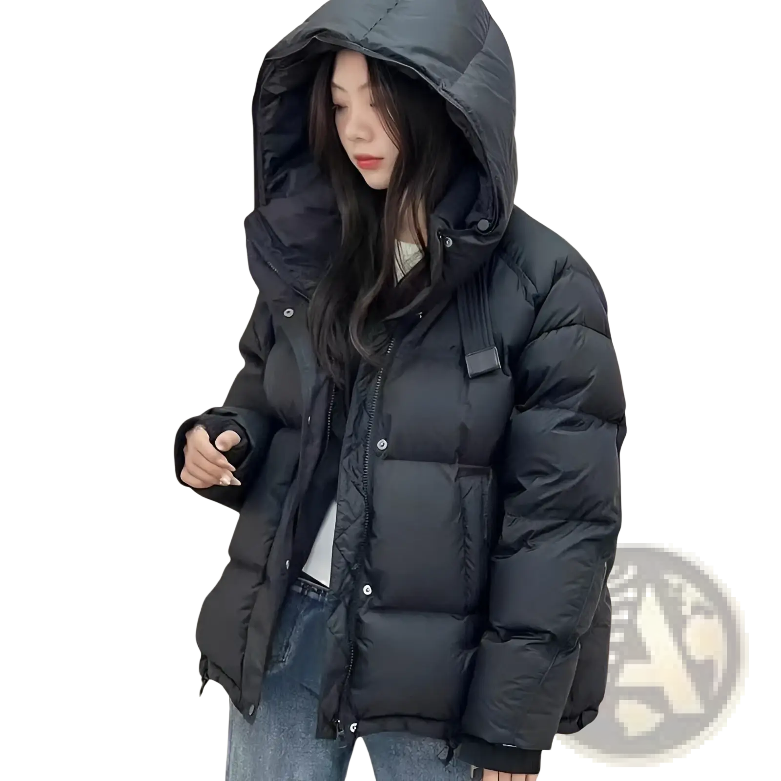 Women padded winter puffer jacket in black with quilted design hood and silver-toned buttons for cold weather