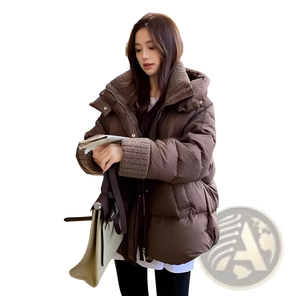 Women padded winter puffer jacket in brown with a textured ribbed collar and cuffs for cold weather use