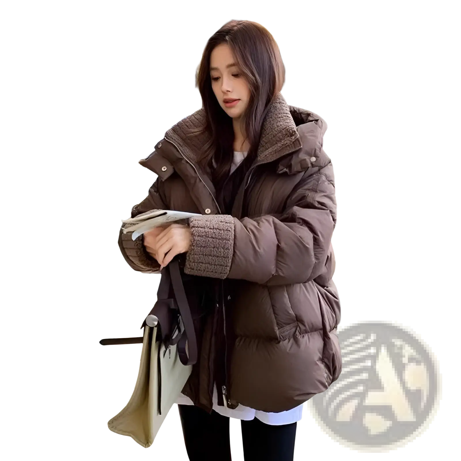 Women padded winter puffer jacket in brown with a textured ribbed collar and cuffs for cold weather use