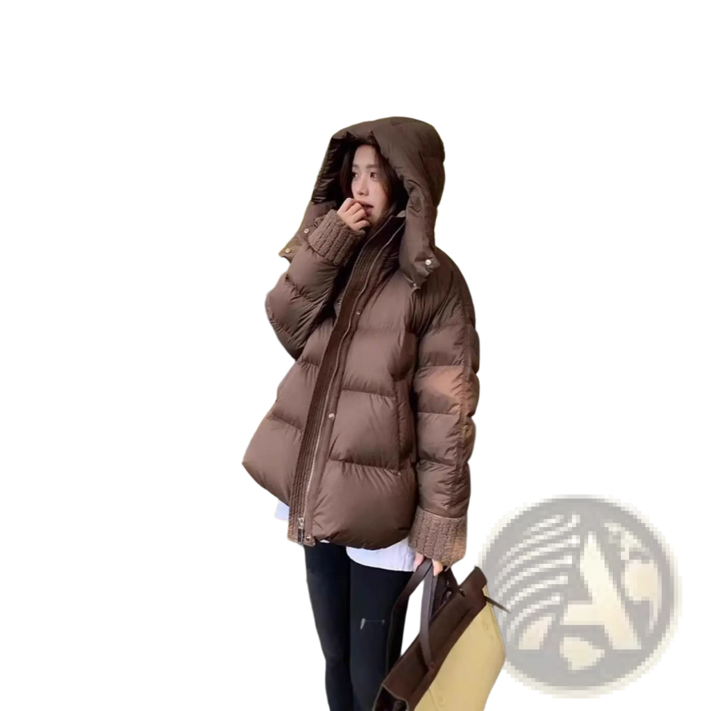 Brown women padded winter puffer jacket with hood and quilted design ideal for cold weather wear