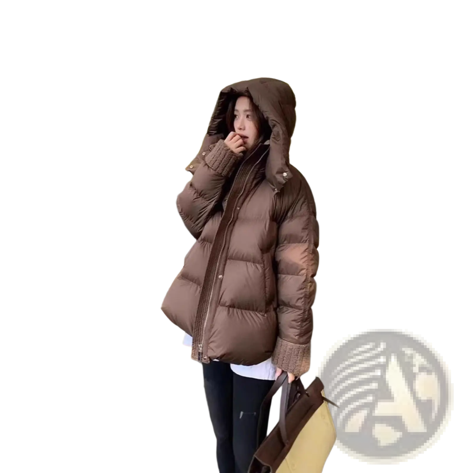 Brown women padded winter puffer jacket with hood and quilted design ideal for cold weather wear