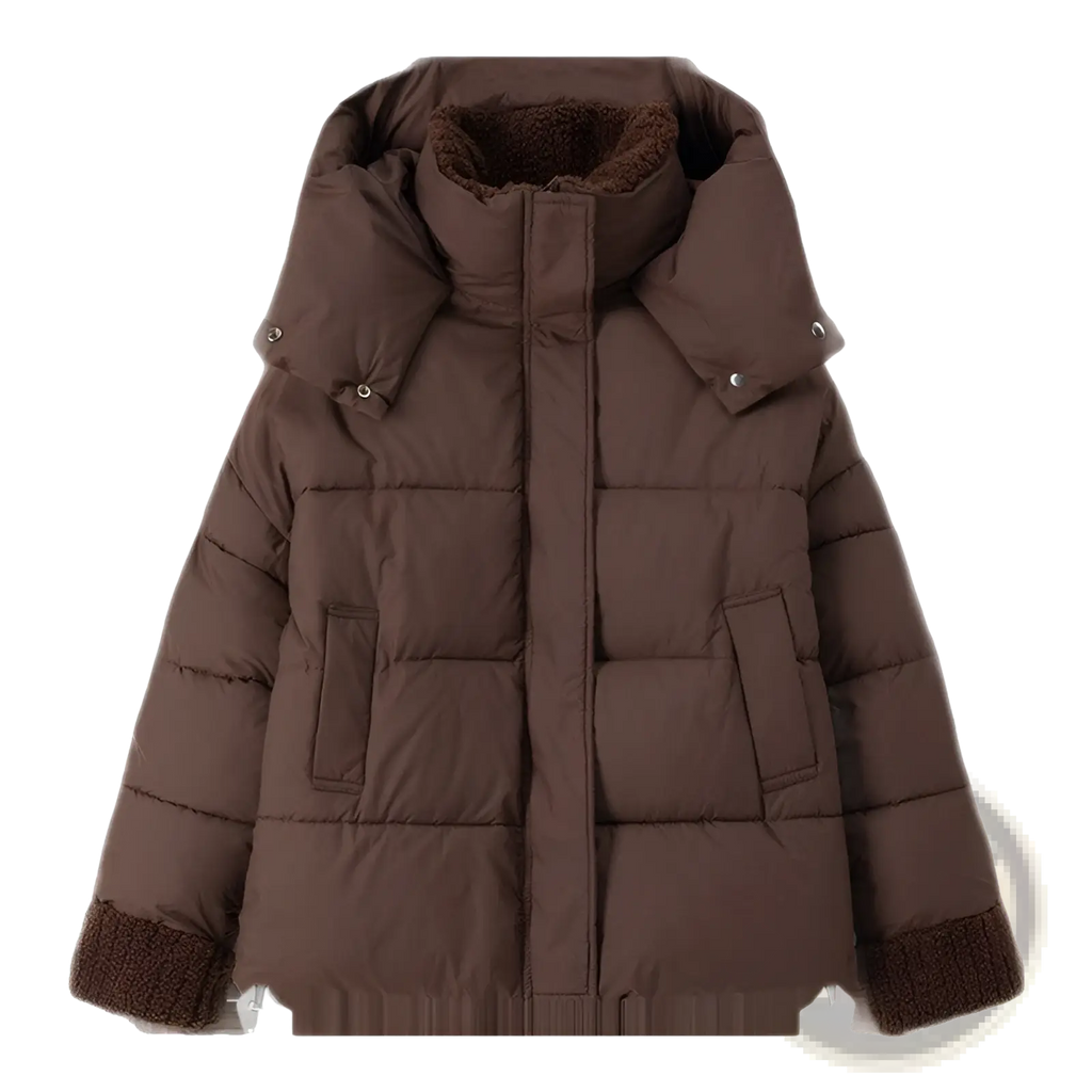 Brown women padded winter puffer jacket with plush fleece-lined hood and ribbed cuffs for cold weather wear