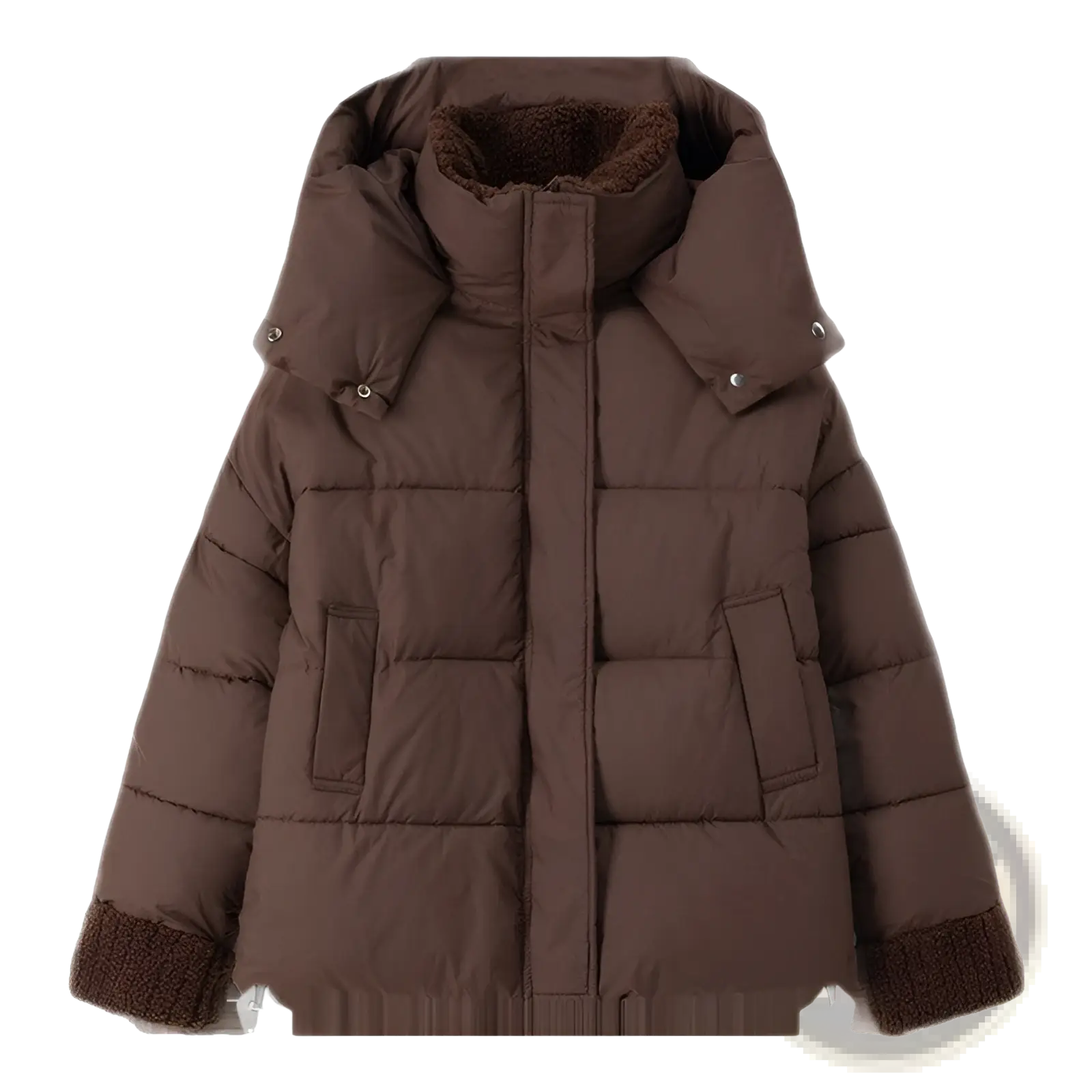 Brown women padded winter puffer jacket with plush fleece-lined hood and ribbed cuffs for cold weather wear