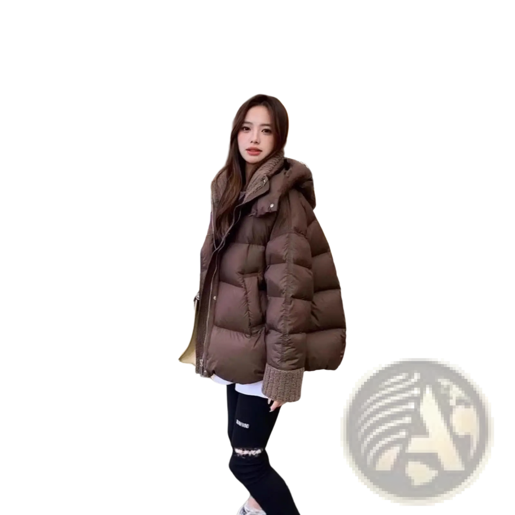 Brown women padded winter puffer jacket with quilted design and ribbed cuffs for cold weather use