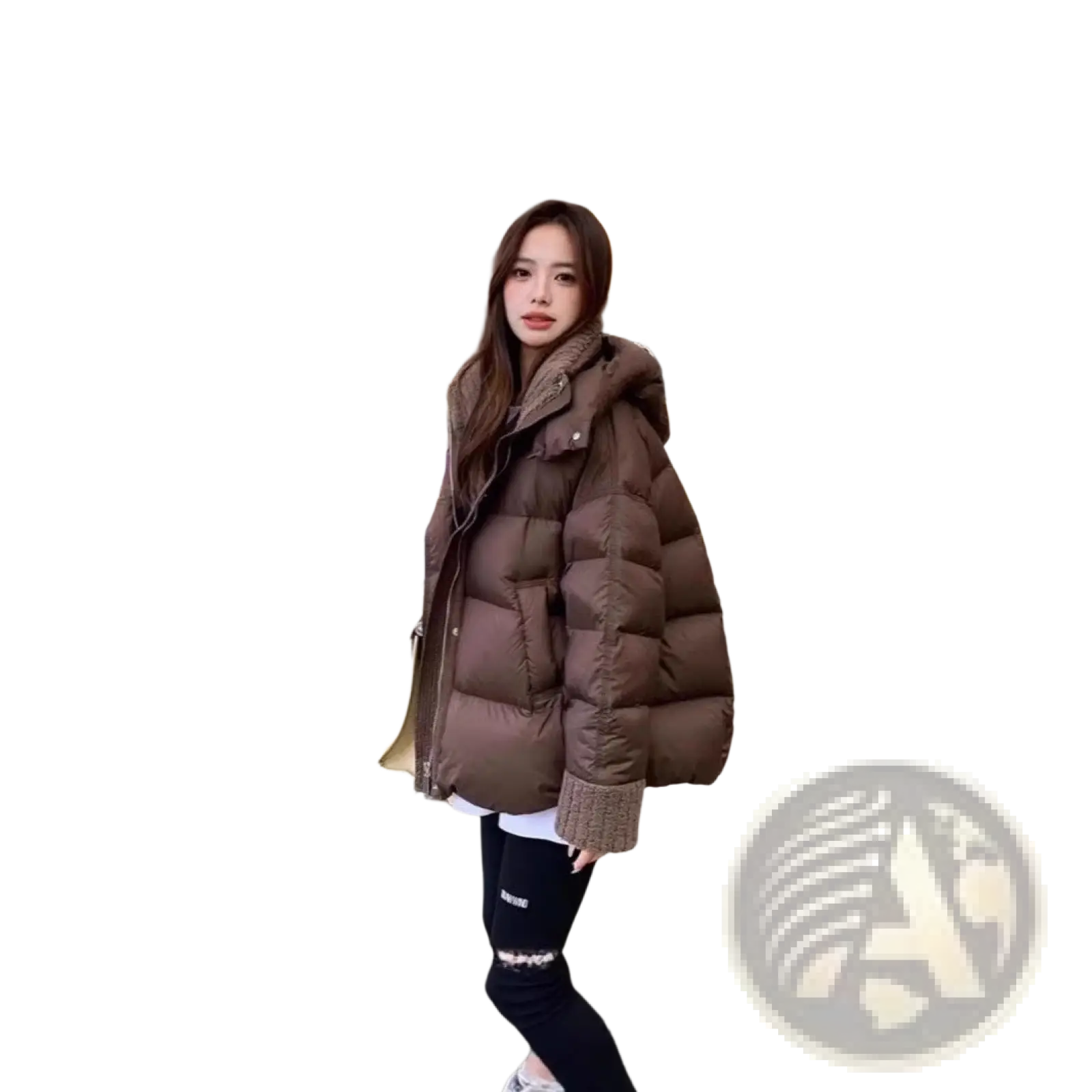 Brown women padded winter puffer jacket with quilted design and ribbed cuffs for cold weather use