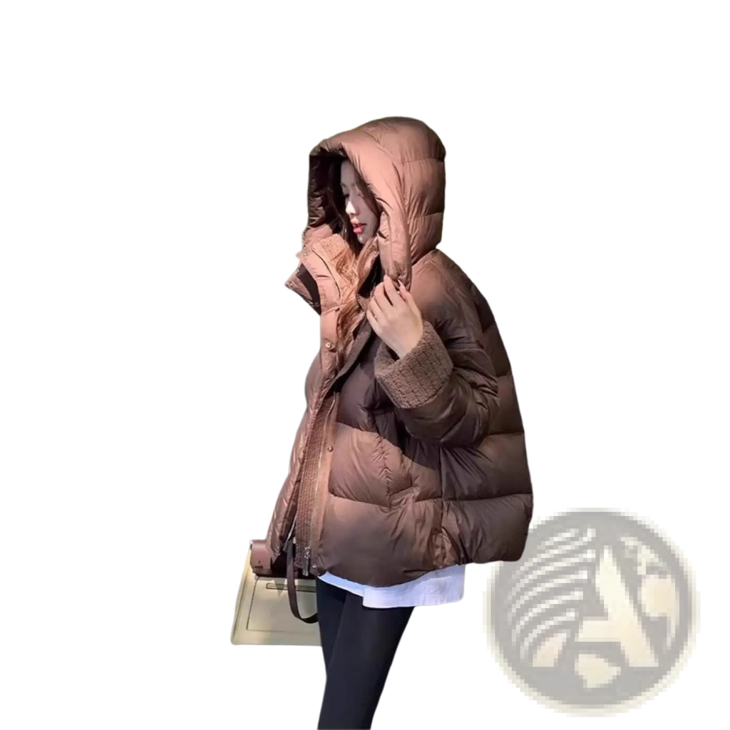 Brown women padded winter puffer jacket with quilted design and ribbed cuffs for cold weather wear