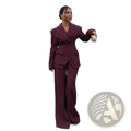 Women pant suit elegant business set featuring a structured burgundy two-piece with tailored blazer and wide-leg trousers