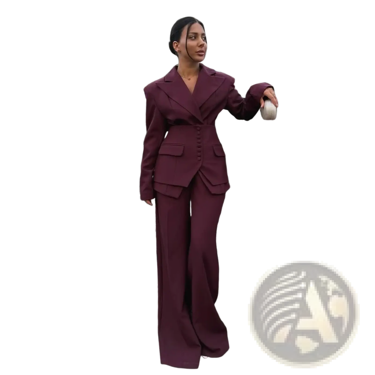 Women pant suit elegant business set featuring a structured burgundy two-piece with tailored blazer and wide-leg trousers