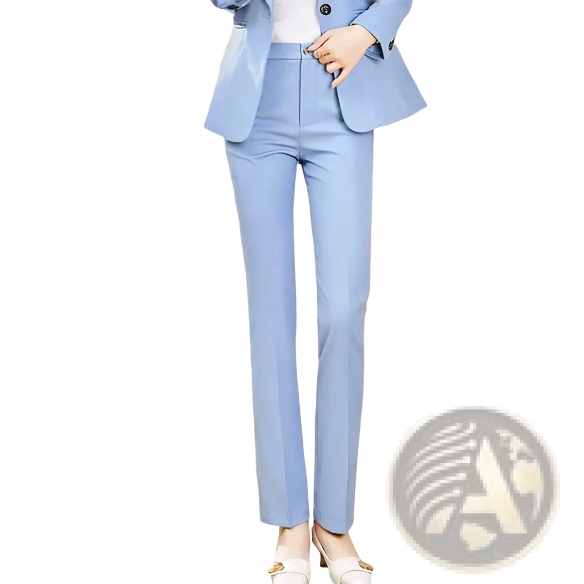 Light blue tailored straight-leg trousers with subtle creasing from women pant suit set professional business blazer
