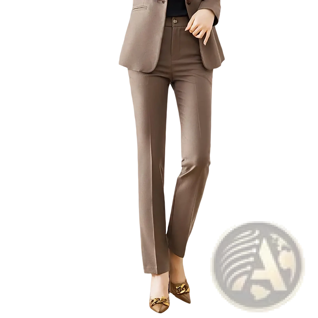 A pair of taupe tailored trousers with a straight-leg cut and subtle creasing from women pant suit set professional business blazer