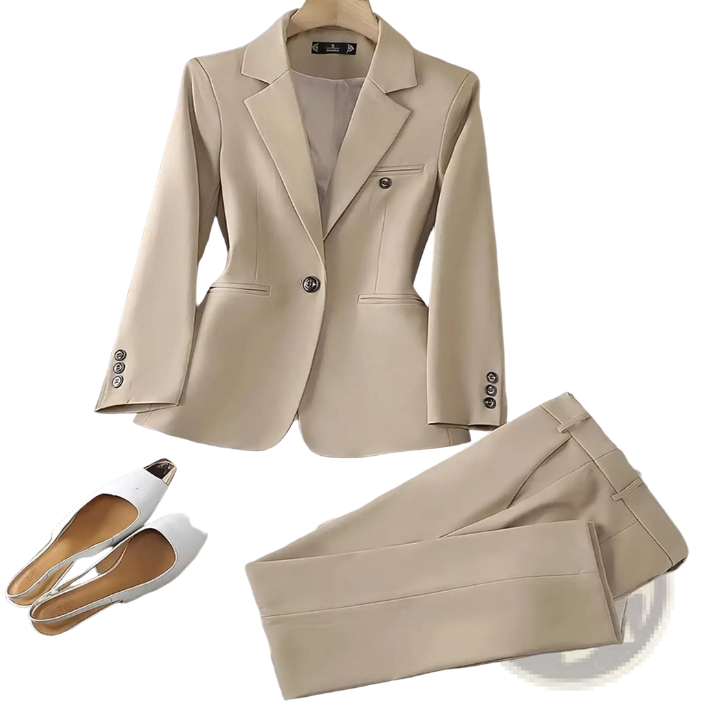 Beige women pant suit blazer with sleek tailored fit and matching buttons for professional business wear