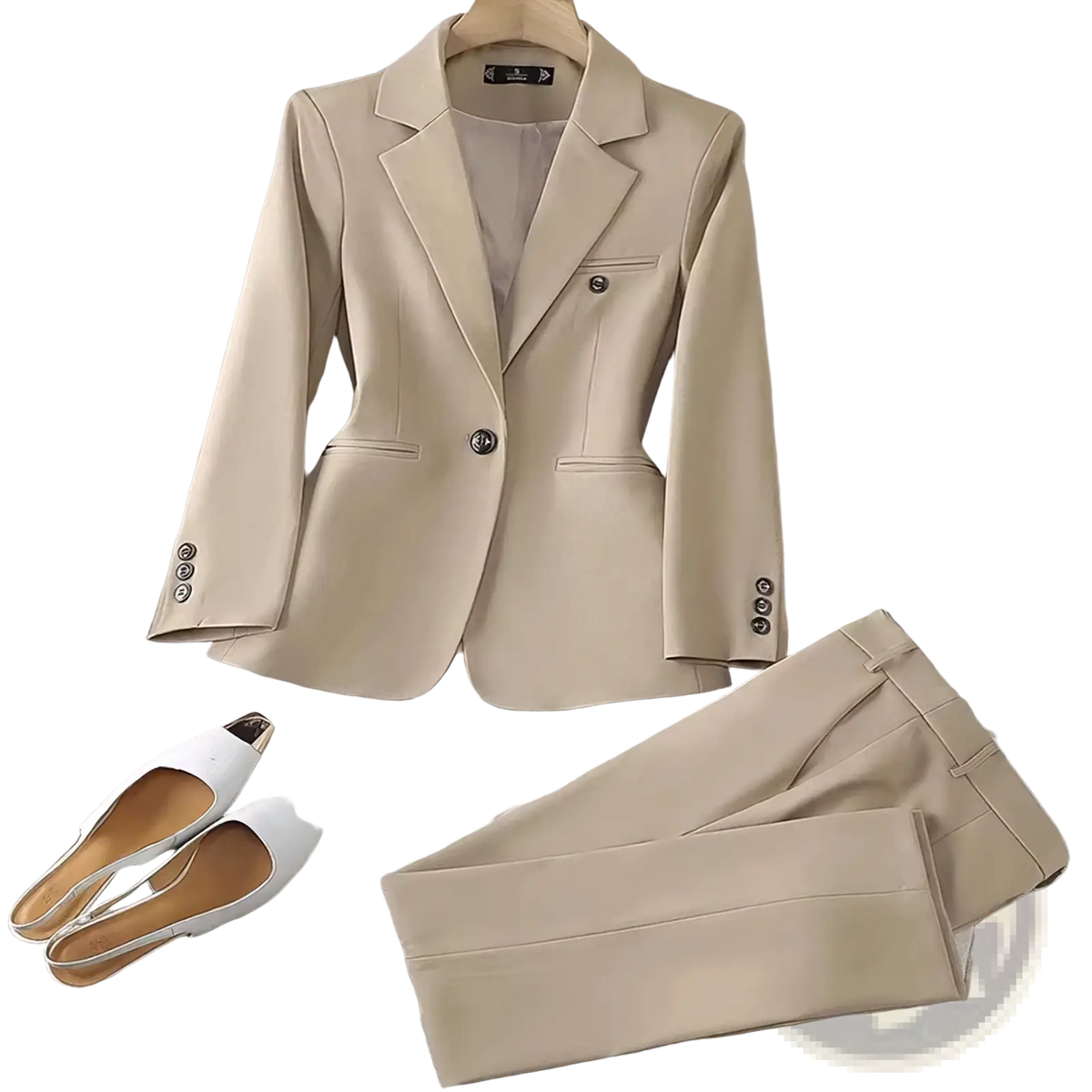 Beige women pant suit blazer with sleek tailored fit and matching buttons for professional business wear