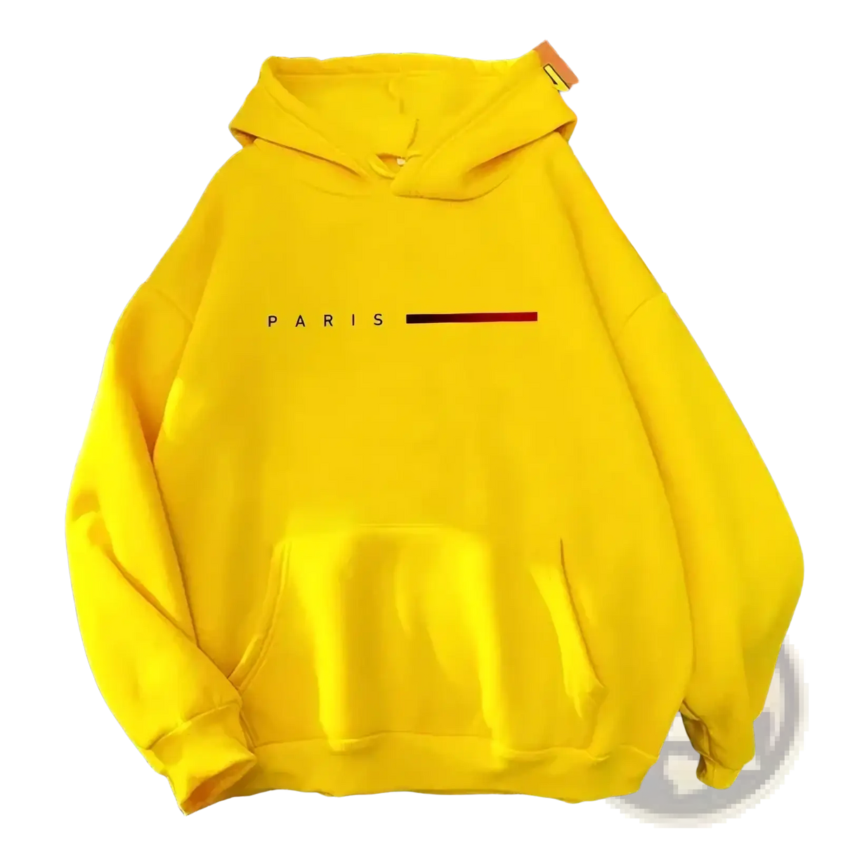 Bright yellow oversized women Paris graphic hoodie with black lettering and red line casual pullover sweatshirt