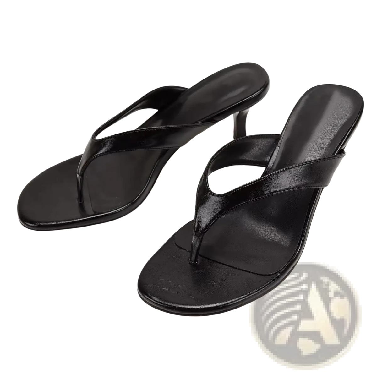 Black patent leather thong sandals with sleek minimalist design and low heel for women