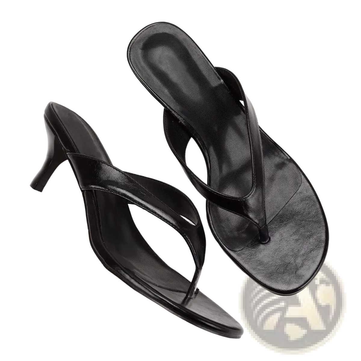 Black patent leather thong sandals with low heel for women featuring a sleek and glossy finish