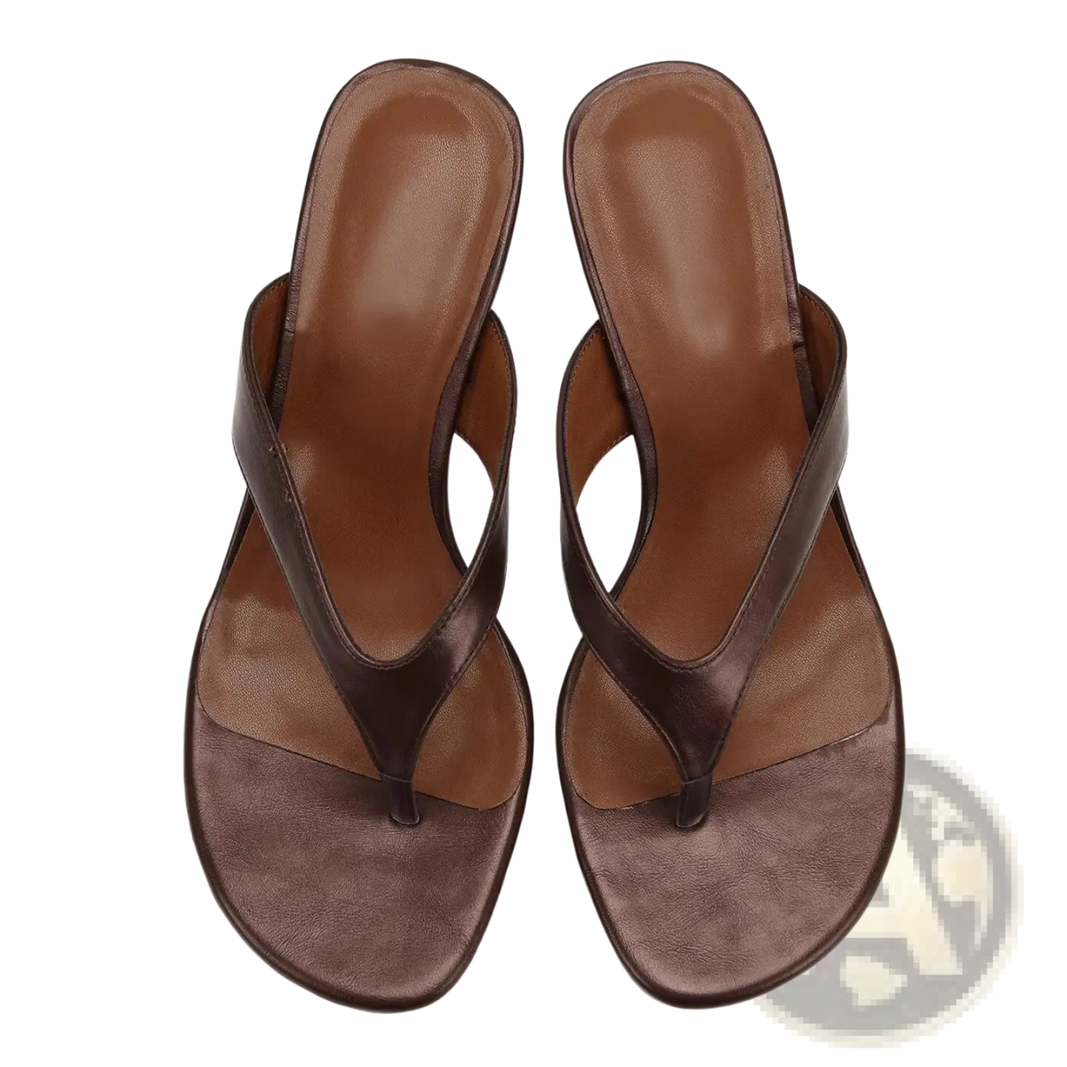 Women patent leather brown thong low heel sandals with smooth slightly textured finish