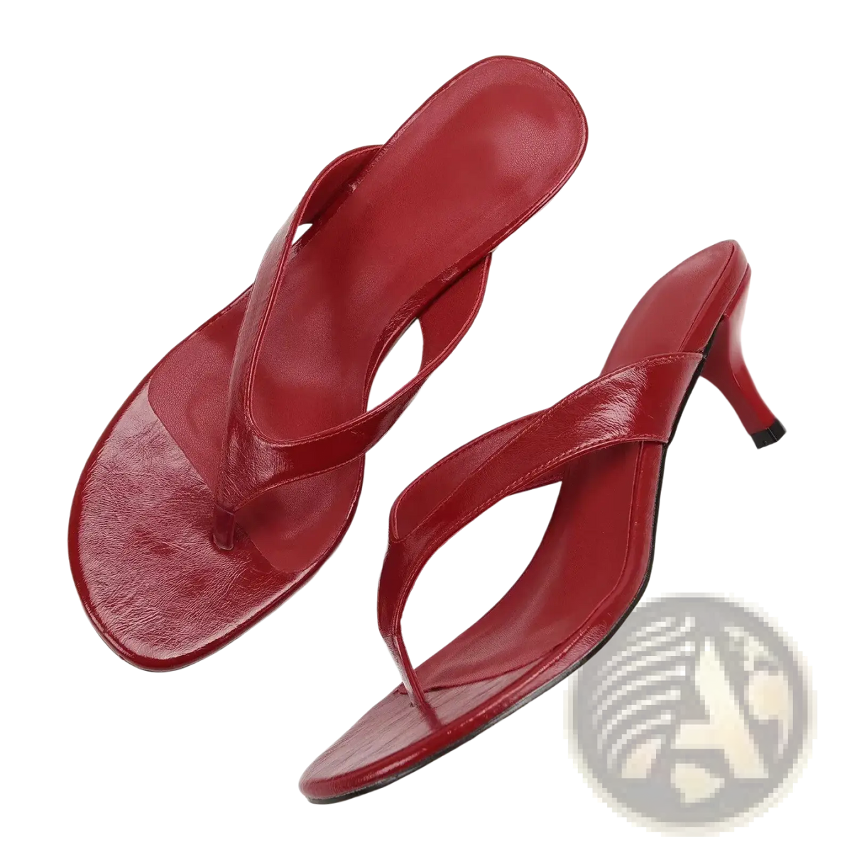 Women patent leather thong low heel sandals in red patent leather shown from the back side