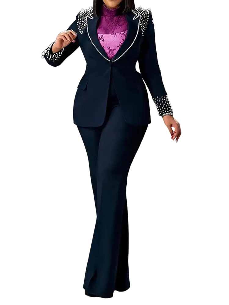 Navy blue women pearl blazer suit set featuring pearl embellishments and matching flared trousers for formal office wear
