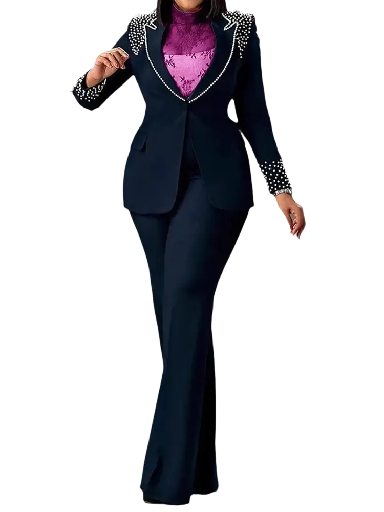 Navy blue women pearl blazer suit set with pearl embellishments and matching flared pants for formal office wear