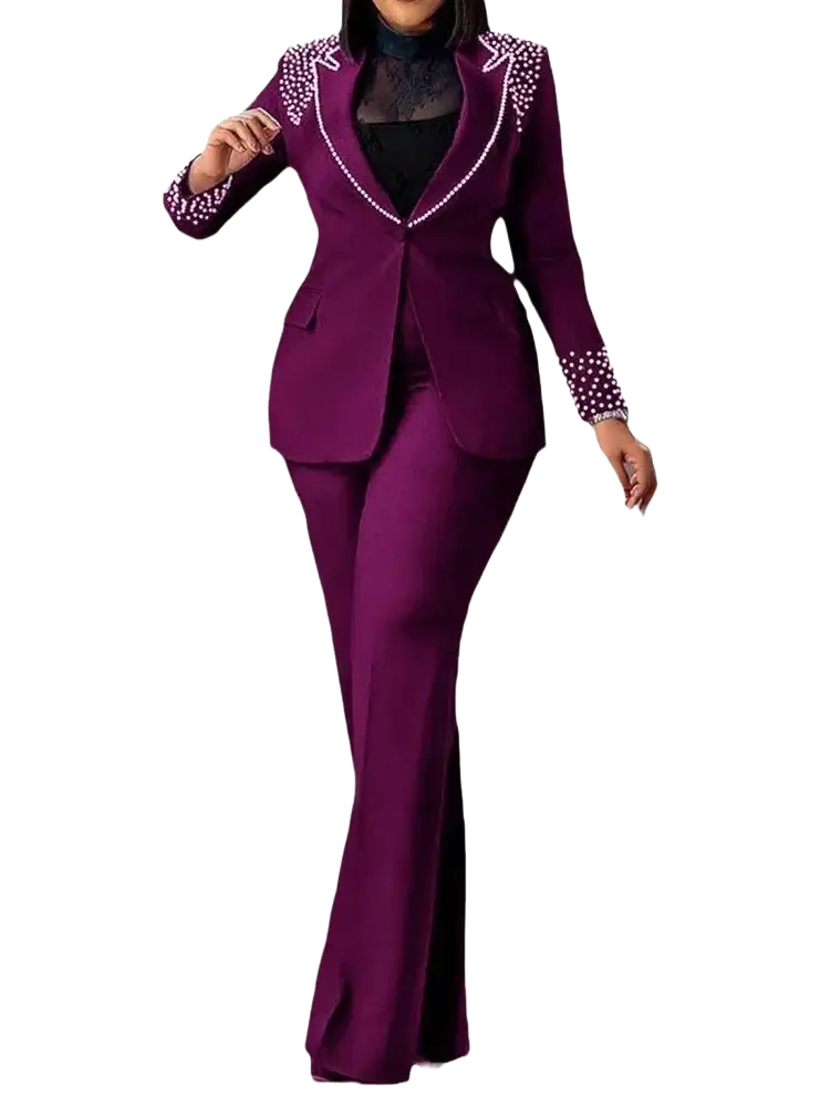 Purple women blazer suit set with pearl embellishments on lapels and cuffs for formal office wear