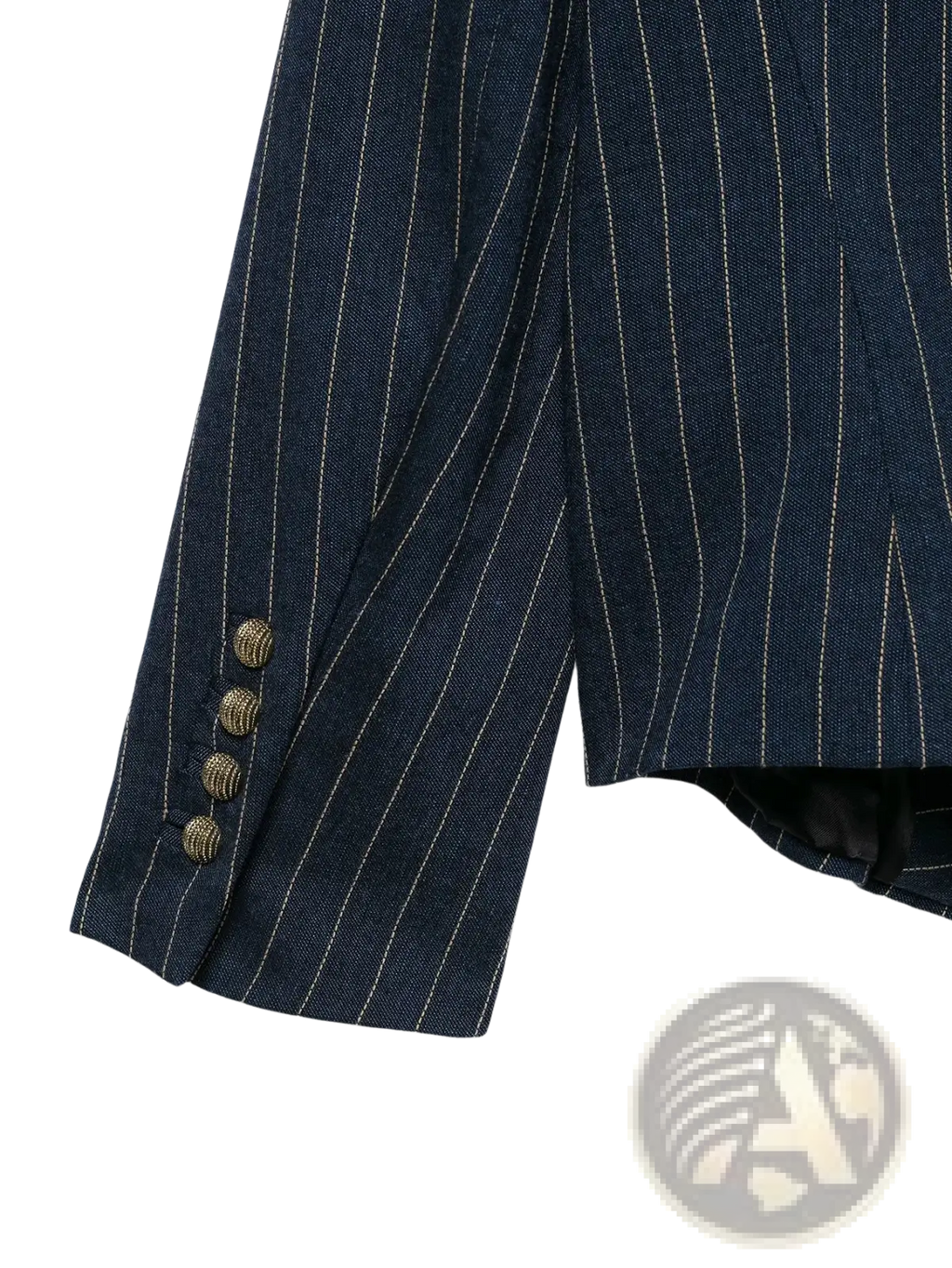 Dark blue pinstripe double breasted women blazer sleeve with gold toned buttons in a formal tailored design