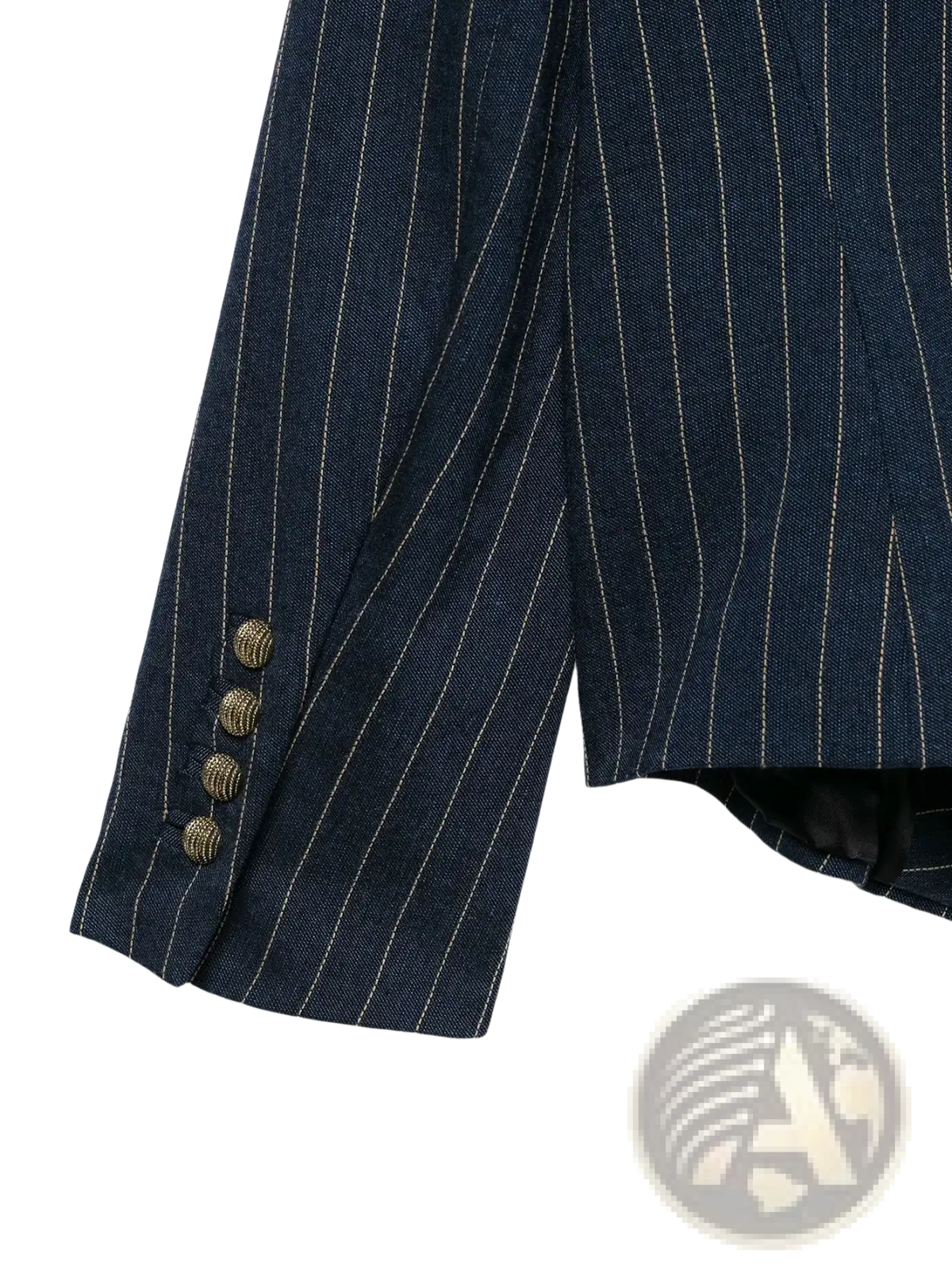 Dark blue pinstripe double breasted women blazer sleeve with gold toned buttons in a formal tailored design