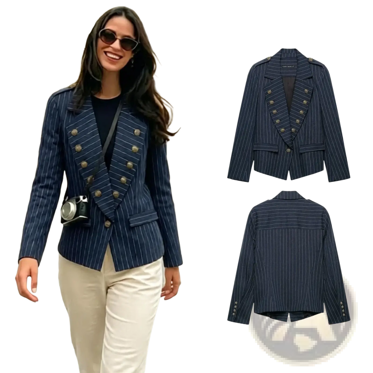 Navy blue pinstripe women double breasted blazer with gold toned buttons and epaulets in tailored design