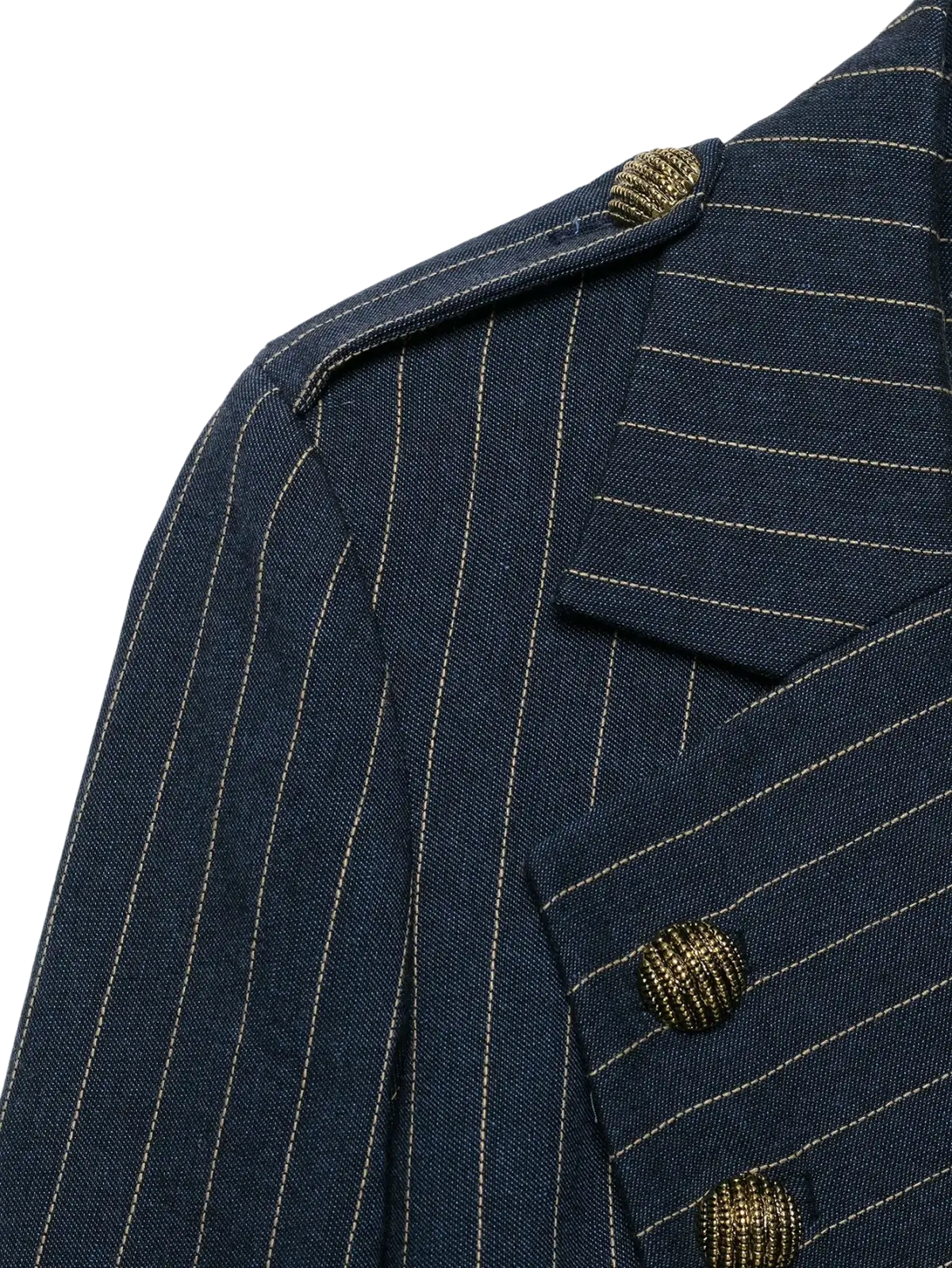 Women pinstripe double breasted blazer in navy blue with gold toned textured buttons and tailored fit