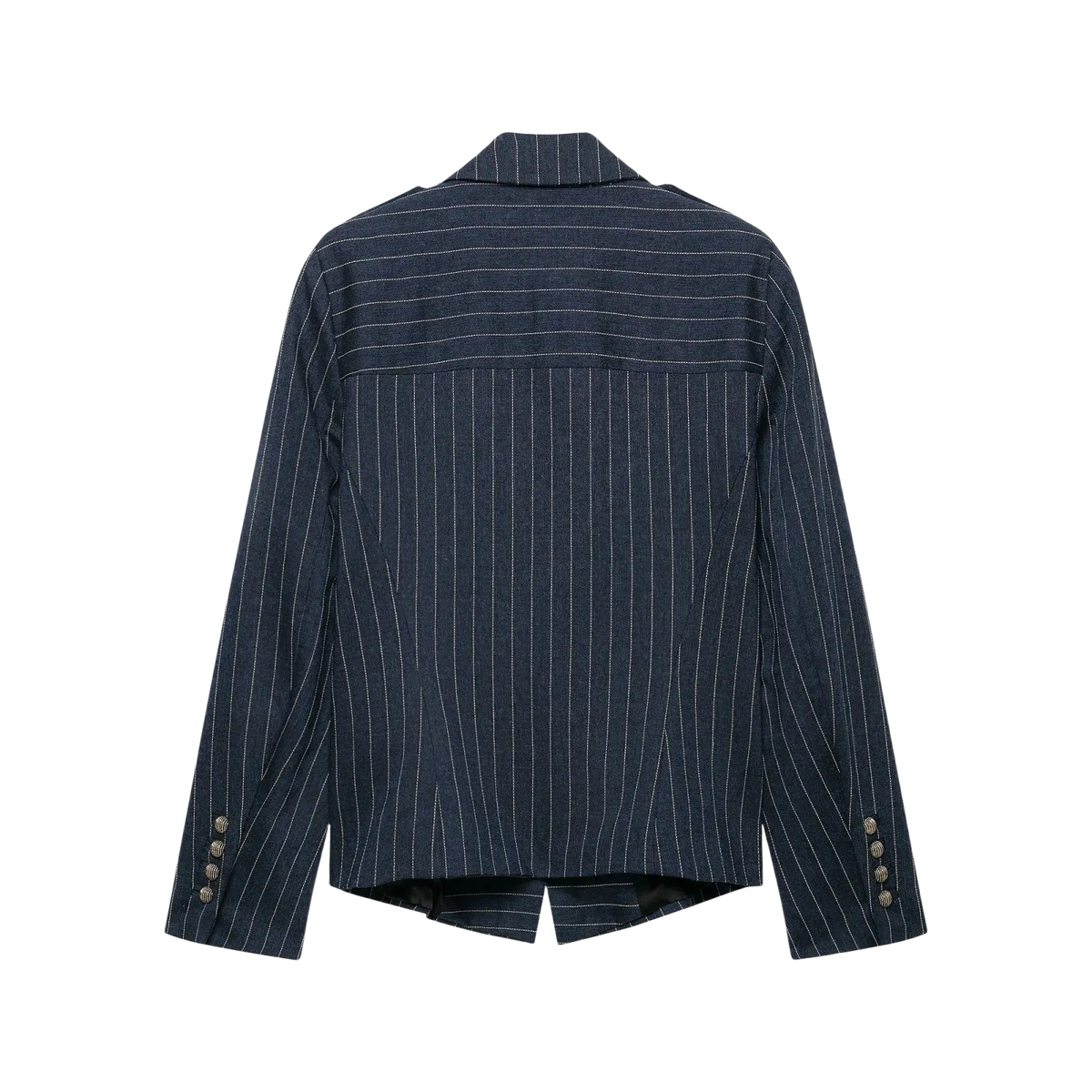 Women pinstripe double breasted blazer in navy blue with white vertical stripes and silver buttons