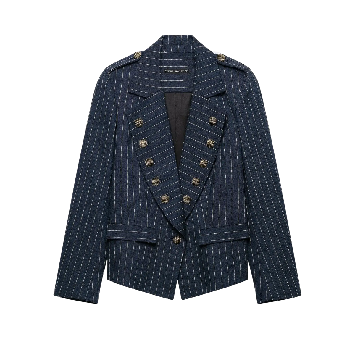 Navy blue pinstripe women double breasted blazer with gold toned buttons and tailored fit for formal occasions