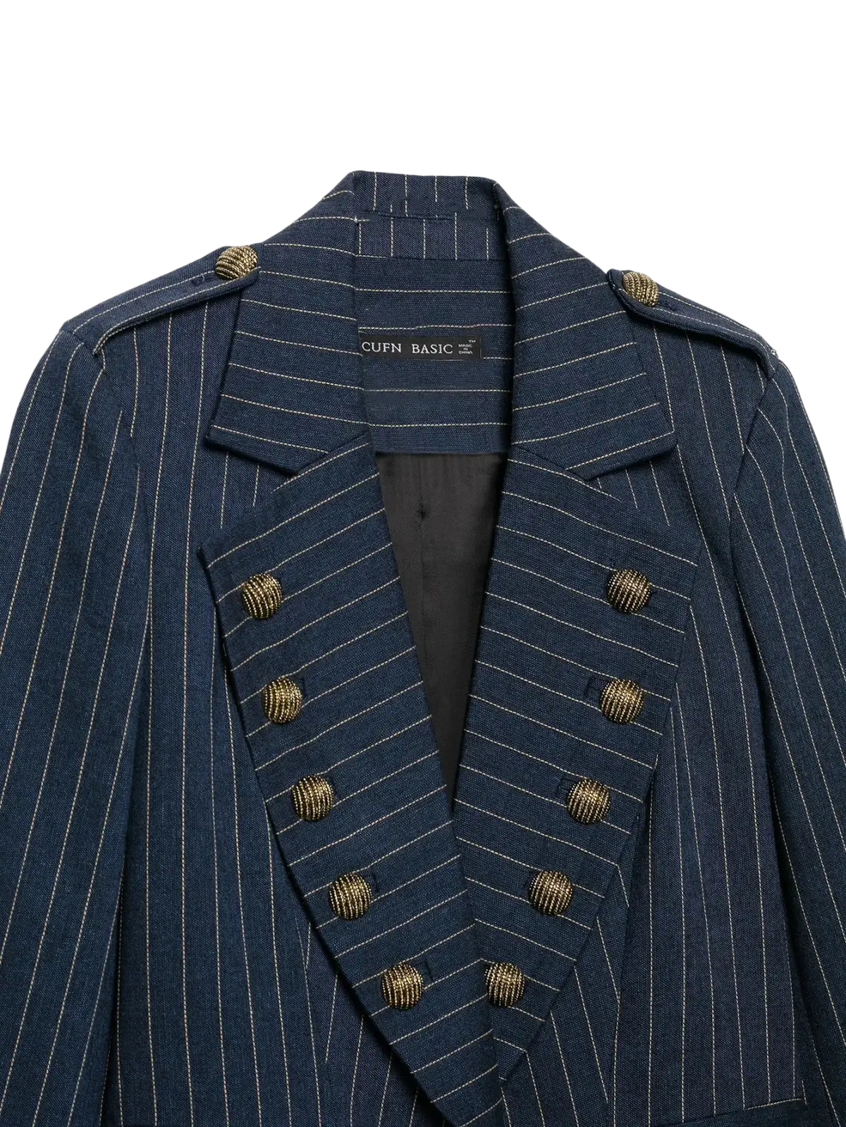 Women pinstripe double breasted blazer in navy blue with gold toned buttons and a structured collar