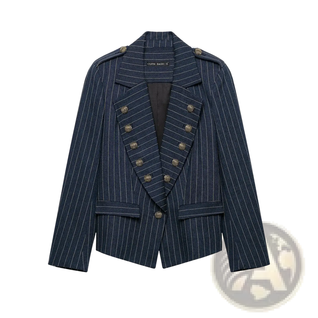 Navy blue pinstripe women double breasted blazer with gold toned buttons and tailored fit for formal occasions