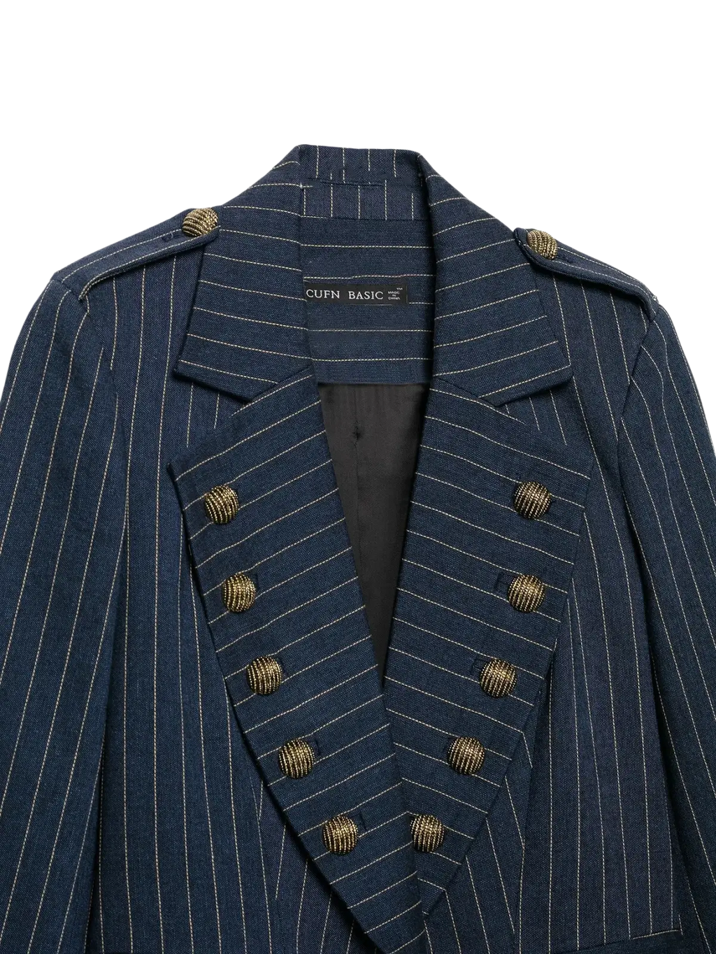 Women pinstripe double breasted blazer in navy blue with gold toned buttons and a structured collar