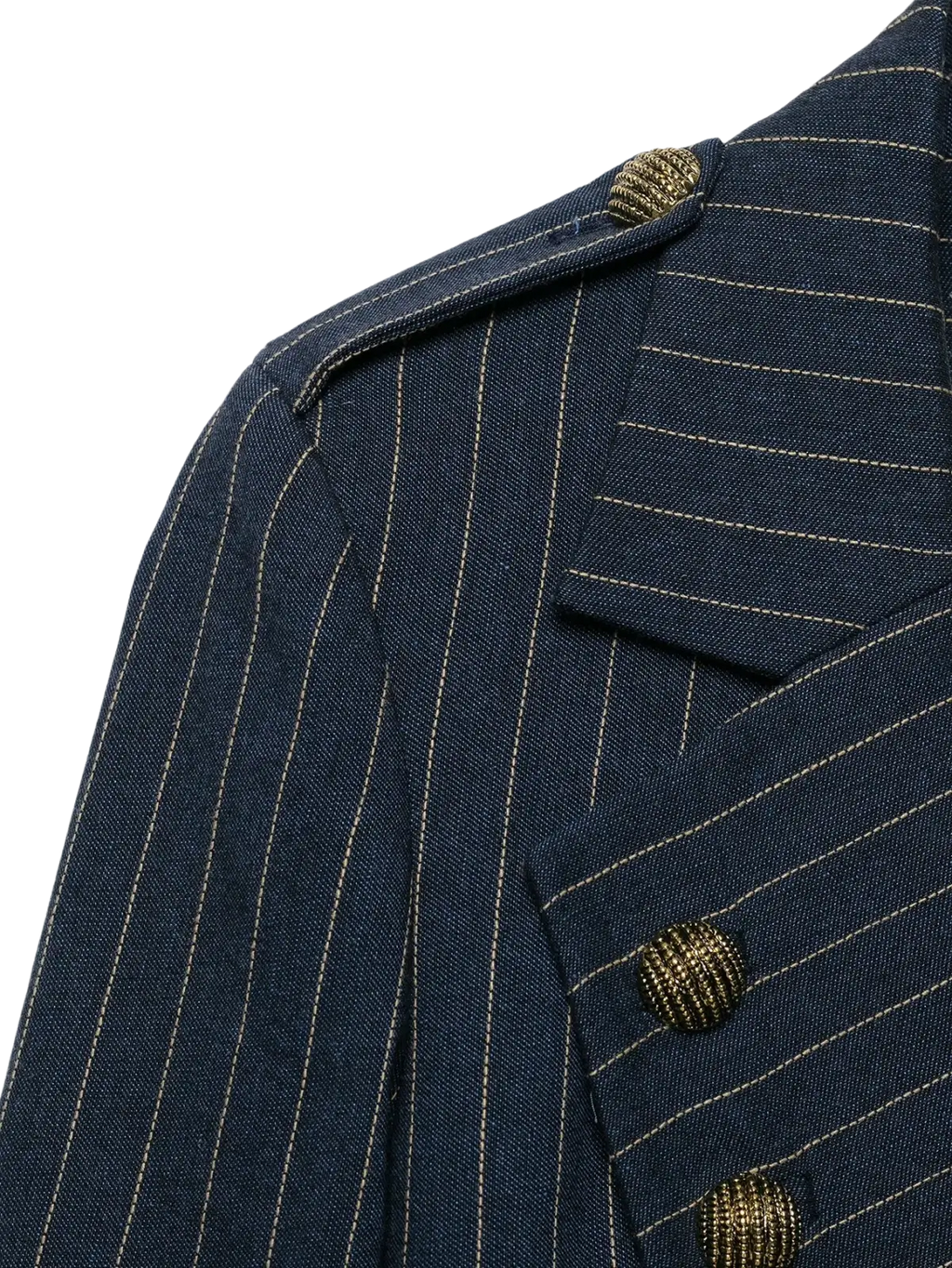 Women pinstripe double breasted blazer in navy blue with gold toned textured buttons and tailored fit